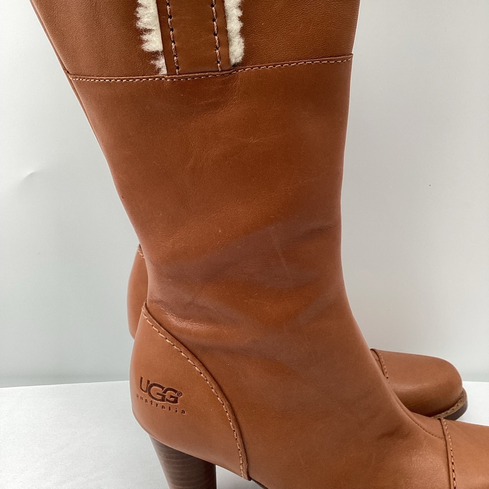 UGG Women's Tall Tan Leather Heeled Boots - Picture 15 of 16